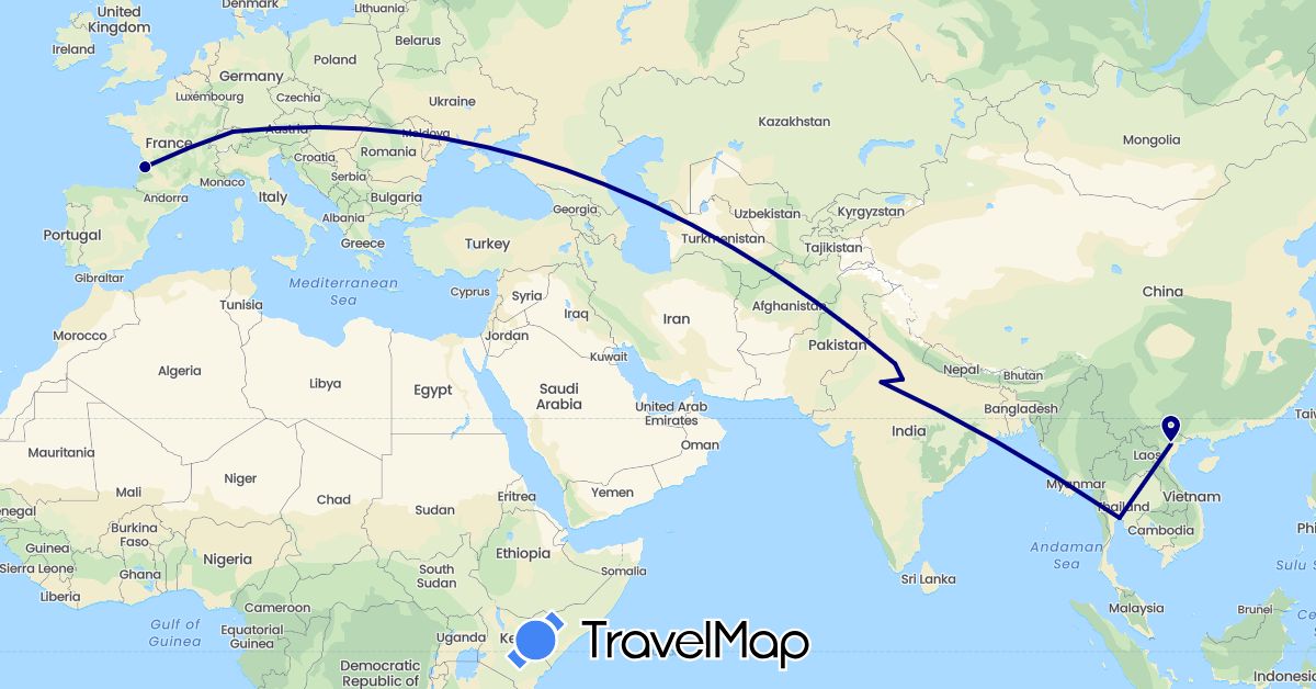 TravelMap itinerary: driving in Switzerland, France, India, Thailand, Vietnam (Asia, Europe)